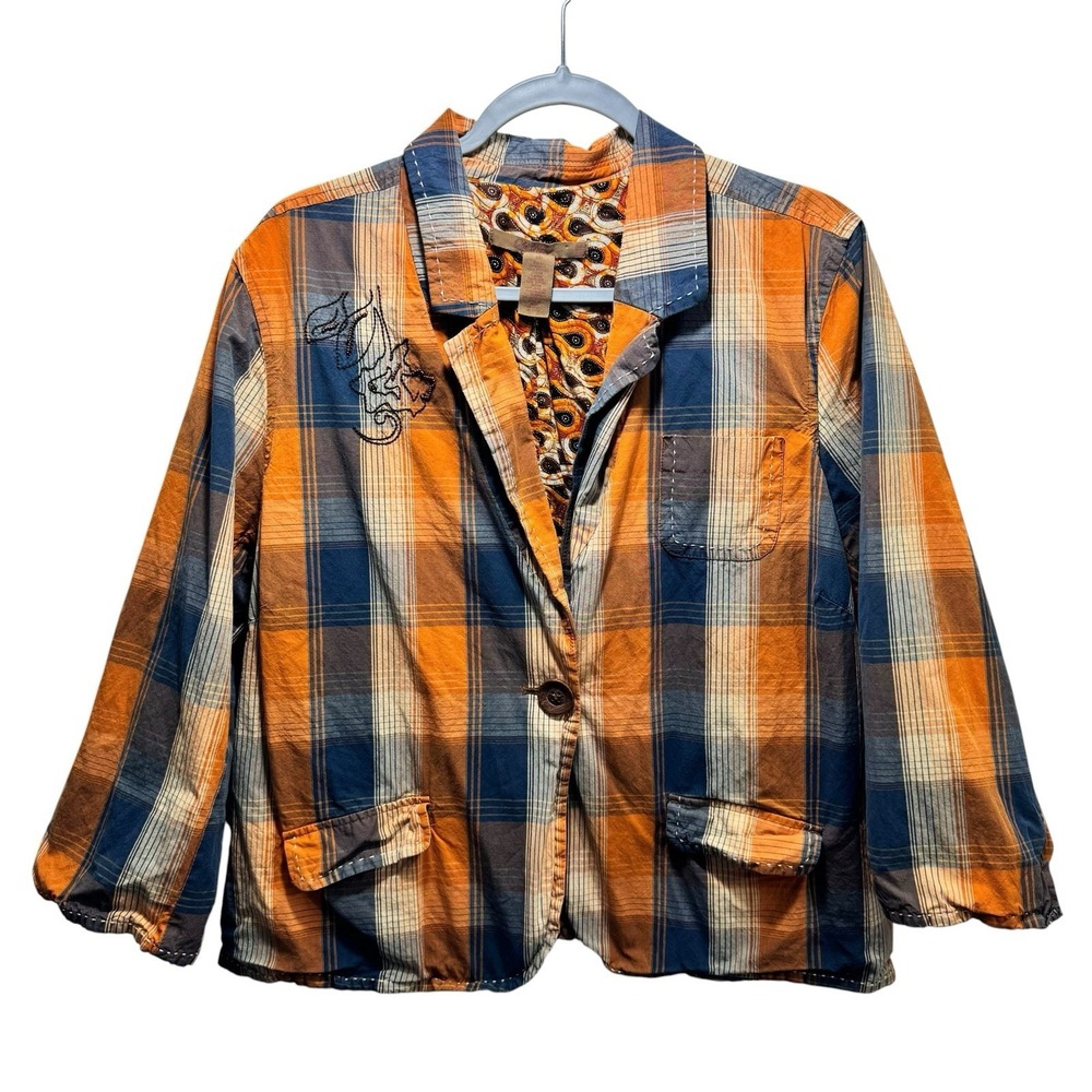 Old Navy Blazer Vtg Jacket Plaid Preppy Academia 90s Women XXL Burnt Orage Blue